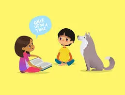 Two children reading to a dog