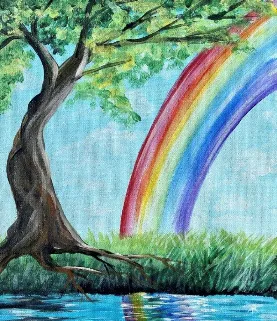 Nature scene with a tree, grass, lake, and rainbow