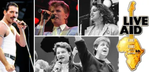 Live Aid with pictures of Queen, David Bowie, Paul McCartney, Madonna, U2