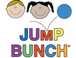 Boy and girl with bouncing ball and letters that spell Jump Bunch.