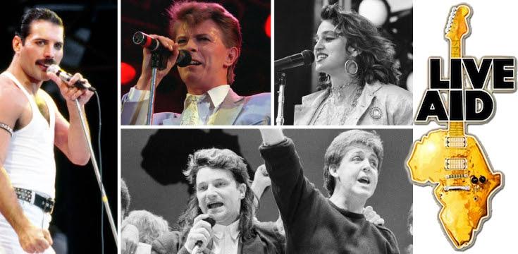 Live Aid with pictures of Queen, David Bowie, Paul McCartney, Madonna, U2