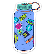 Water bottle decorated with stickers.