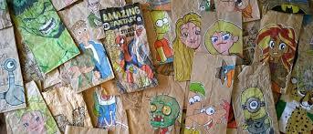 Paper lunch bags with drawings.